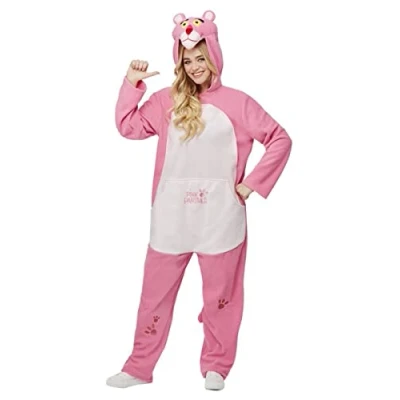 Image of Smiffys Pink Panther Costume All In One with Character Hood, Officially Licensed Fancy Dress, Adult Dress Up Costumes