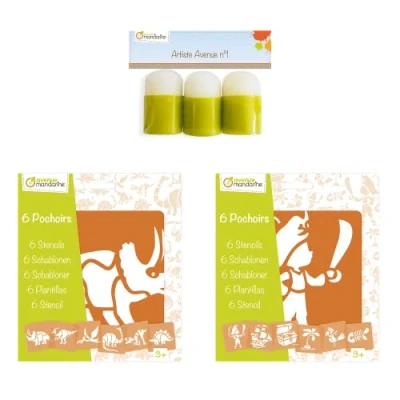 Image of Avenue Mandarine 42449MZC 1 &#039;&#039;learning to paint&#039;&#039; set including 2 pouches of 6 stencils (Pirates and Dinosaurs) a 3 foam stamps from years old