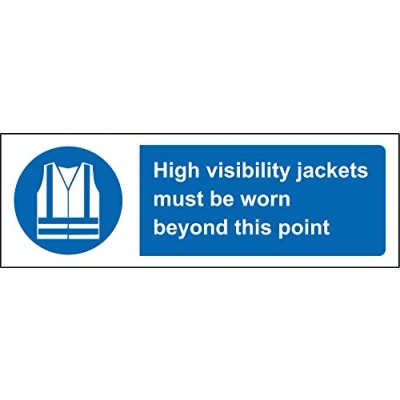 Image of Mandatory signs High visibility jackets must be worn beyond this point Safety sign Self adhesive sticker 150mm x 50mm