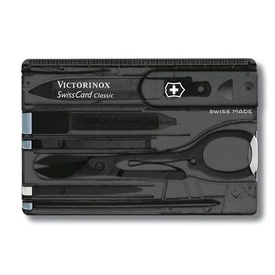 Image of Victorinox Swiss Card, Army Card Knife, Multi Tool Credit Size, 10 Functions, Pen, Scissors, Black Transparent
