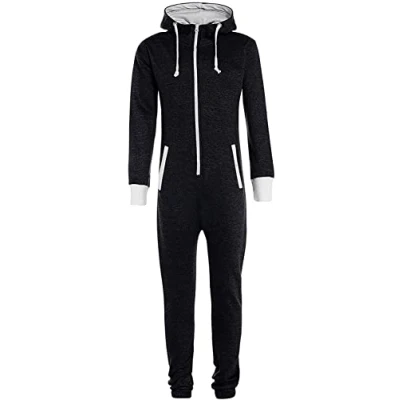 Image of trending babz Unisex Boys Girls Kids Plain Onesie Zip UP All in ONE Sleepsuit Hooded Jumpsuit 7 13 Yrs Black