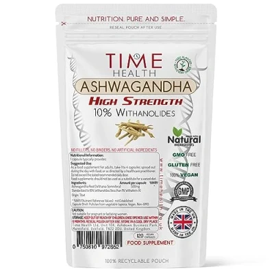 Image of Ashwagandha 10% Withanolides HIGH Strength Maximum Benefits UK Manufactured Zero Additives Pullulan (120 Capsules)