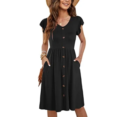 Image of MOLERANI White Women Summer Dresses Ruffle Sleeve V Neck Casual Swing Elastic Waist Midi Dress with Pockets Plain Black M