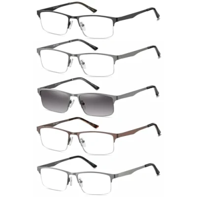 Image of EYECEDAR 5 Pack Reading Glasses Men Metal Half Frame Spring Hinges Rectangular Style Eyeglasses Readers 1.50
