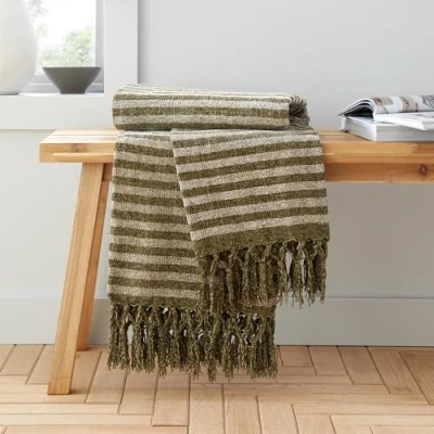 Image of Catherine Lansfield Stripe Chenille, 130x170 cm, Blanket Throw, Olive Green
