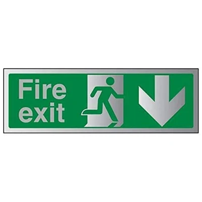 Image of V Safety Fire Exit Arrow Down Sign 450mm x 150mm 3mm Brushed Alu Comp