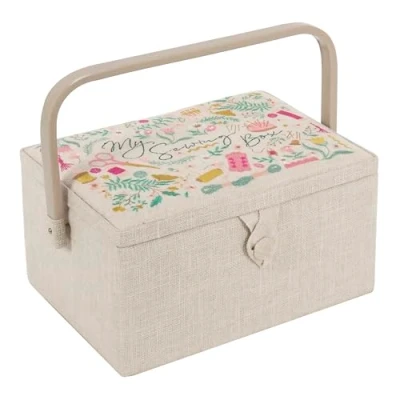 Image of Hobby Gift Exclusive Medium Sewing Craft Storage Box, Accessories Tray Pin Cushion Pocket PVC Handle Embroidered Lid 18.5 x 25.5 14.5cm, My