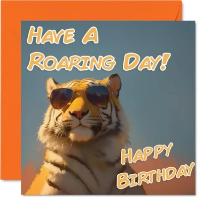 Image of Funny Birthday Cards for Women Men Cool Tiger Sunglasses Happy Card Mum Dad Brother Sister Uncle Auntie Cousin Grandad Nanny Friend 145mm x Joke Pun Greeting