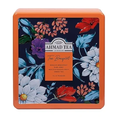 Image of Ahmad tea Bouquet Collection Caddy Black Tea, Green Perfect gift 32 Teabag Sachets 4 Flavours