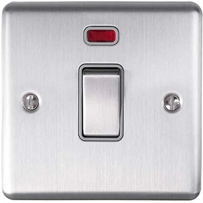 Image of 1 Gang 20A DP Single Light Switch &amp; Neon Power Indicator SATIN STEEL Grey Trim 20 Amp Double Pole Decorative Wall Plate Solid Metal Rocker On/Off Mains Appliance/Boiler