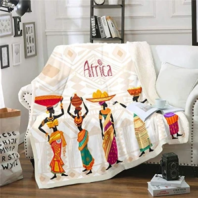 Image of African Woman Themed Fleece Sherpa Blanket Colorful Pattern Plush Throw for Sofa Couch Ethnic Afro Style Fuzzy Traditional Exotic Stripe Room Decor Double 60&quot;x79&quot;