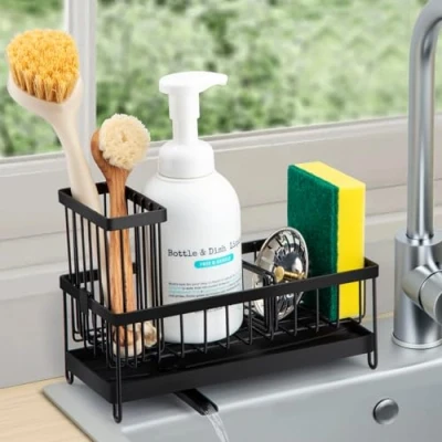 Image of Sinnsally Sink Caddy Organiser,Sink Tidy Kitchen Organizer,Kitchen Soap Dish Tray,Washing up Sinkware Organiser,Sponge Holder for Accessories Storage Rack with Brush