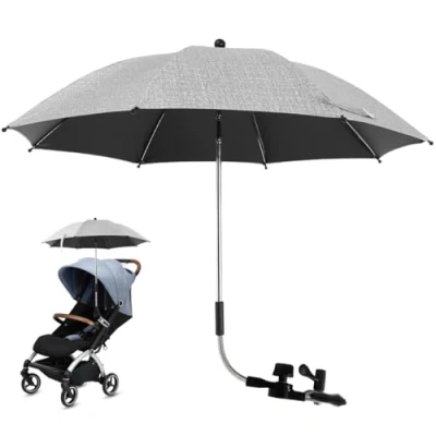 Image of NIHUIFDPY Baby Pram Umbrella 360 UV Protection Parasol for Universal with Adjustable Clamp &amp; Flexible Arm Pram, Stroller, Pushchair and Buggy (grey 75cm)