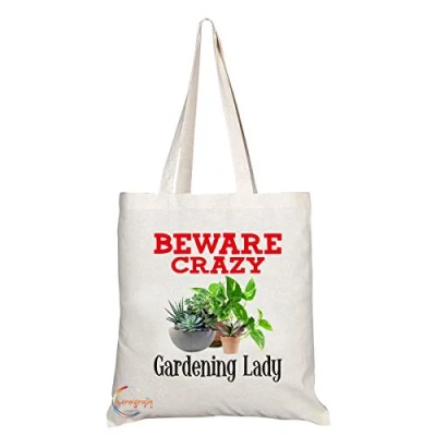 Image of Coralgraph Inc TB355 Beware Crazy Gardening Lady Novelty Present Gift Printed Eco Friendly Stylish Long Handled Tote Shoulder Bag