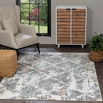 Image of Livabliss Harstad Vintage Rug Area Rugs for Living Room 120x170 cm, Bedroom Scandi Neutral Rug, Traditional Patterned Boho Style, Natural Easy Care Pile Large White, Grey and Gold