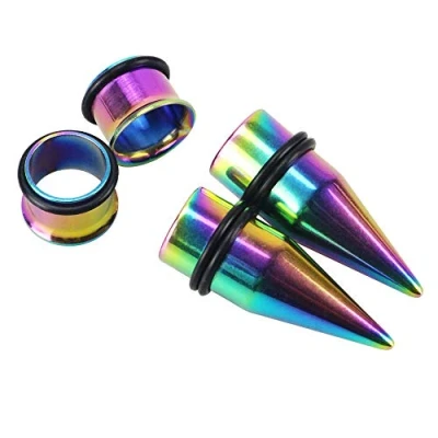 Image of Awinrel Stainless Steel Ear Gauge Taper Stretching and Single Flare Plugs Flesh Tunnel Kit with O ring 2 Pairs,