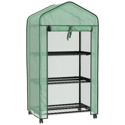 Image of Outsunny Portable Mini Greenhouse with Roll up Door Wheels Green