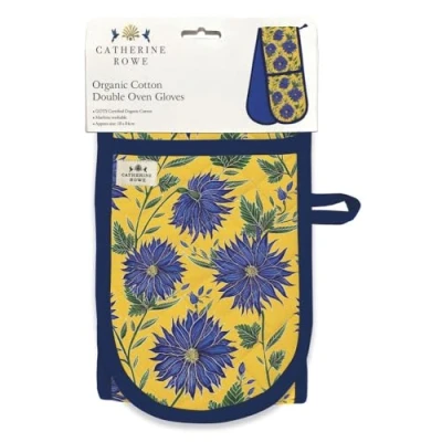 Image of Double Oven Gloves Organic Cotton Artistic Blue Flowers Floral Design by Catherine Rowe Stylish Kitchenware