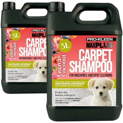 Image of Pro Kleen MAXPLUS Carpet Shampoo &amp; Upholstery Cleaner Premium Formula to Remove Dirt Stains Removes Pet Odours Suitable for all Machines (Coconut and Guava, 2 x 5 Litres)