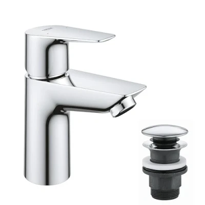 Image of GROHE Start Edge Basin Mixer Tap with Push Open Waste Set, (Metal Lever, 28 mm Ceramic Cartridge, Water Saving Mousseur 5.7 l/min, Tails 3/8 Inch), Size 147 mm, QuickTool Included, Chrome, 24199001