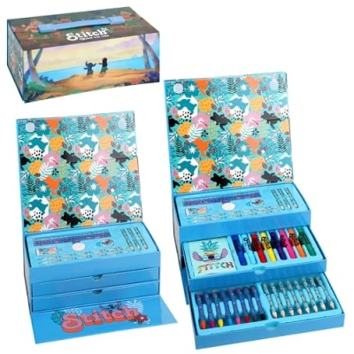 Image of Disney Stitch Kids 43pc Colouring Art Stationery Set with Watercolour Felt Tip Pens Crayons and Pencils Travel for Children