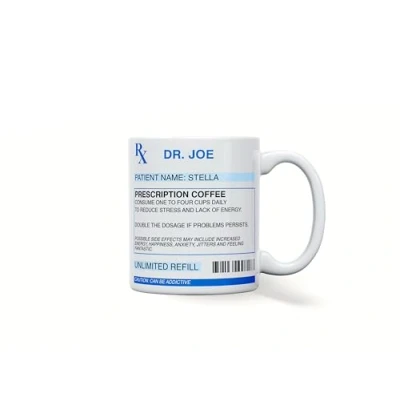 Image of forefrontdesigns Personalised Prescription Coffee/Tea Funny Medical Gift Mug, Printed Photo Text customised, Birthday, Gift, 11oz, Any Wording, Coffee, Tea