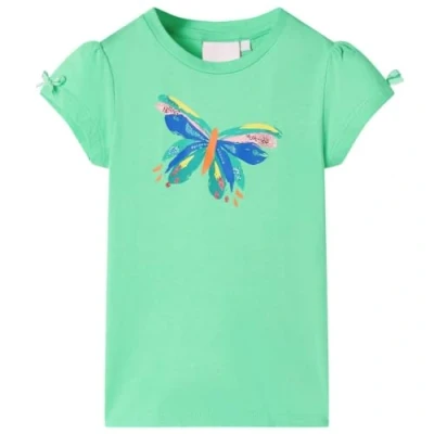 Image of vidaXL Kids&#039; Short Sleeved Cotton T Shirt with Sequined Butterfly and Bows in Light Green, Comfort Wear for Ages 7 8