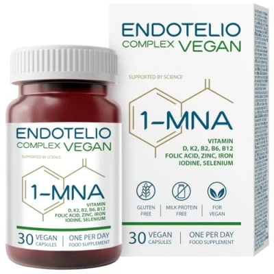 Image of Endotelio Vegan Complex 1 MNA, Optimizing NAD+, Anti Aging, Vitamins and Minerals for Women Men with D3, K2, B2, B6, B12, Folic Acid, Zinc, Iron, Iodine, Selenium, Biohacking Supplement, 30 Caps