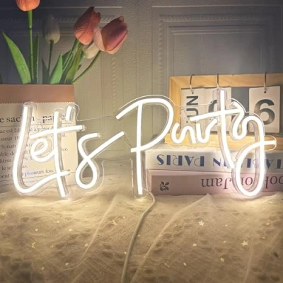 Image of Let&#039;s Party Neon Sign, LED Light Signs for Wall Decor, Art Decoration Letter Sign Bedroom Decor,Birthday Party,Wedding,Valentines Day Gift (Let&#039;s Warm White),40 x 17CM