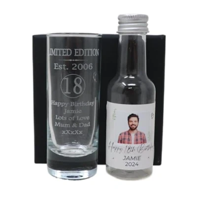 Image of Regalo Laser Engraved Est 2006 18th Birthday Shot Glass Set with Personalised Photo Miniature Alcohol Bottle Gift for Son or Daughter Girls &amp; Boys (Vodka/No Box) 37.5% vol
