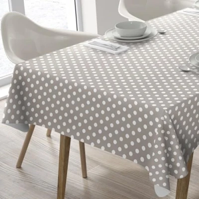 Image of Large Rectangular Oilcloth PVC Wipe Clean Tablecloth Table Cover 140cm x 240cm 55x94 Polka Dot Beige Grey