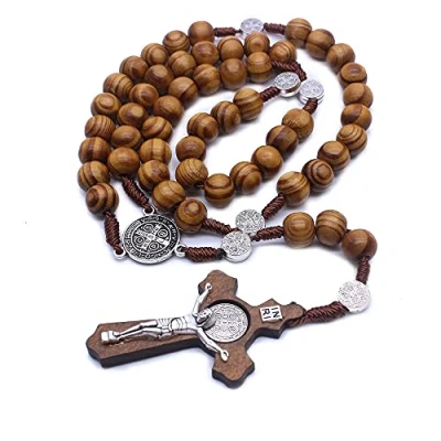 Image of PULABO Wooden Rosary Necklace, St. Benedict Medals Cross Handmade Catholic Rosaries, Holy Land Beads Gift popular