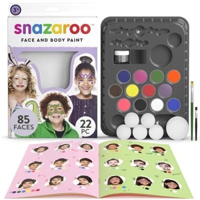 Image of Snazaroo Ultimate Party Pack Face Paint Palette Kit for Kids and Adults, 8 Colours, 11pcs, Brush, Sponge, Guide, Water Based, Easily Washable, Non Toxic, Makeup, Body Painting Parties, Ages 3+