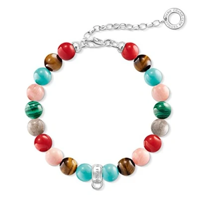 Image of THOMAS SABO &quot;Multicoloured Jasper/Tiger&#039;s Eye/Simulated Turquoise/Simulatedmalachite/Dyed Bamboo Coral Charm Bracelet of Length 18.5cm