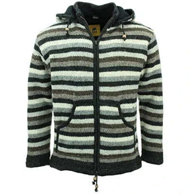 Image of LOUDelephant Hand Knitted Wool Hooded Jacket Cardigan Stripe Natural (Medium)