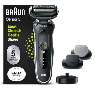 Image of Braun Series 5 Electric Shaver With Beard Trimmer, Body Groomer &amp; Charging Stand, Wet Dry, 100% Waterproof, UK 2 Pin Plug, 50 W4650cs, White Razor
