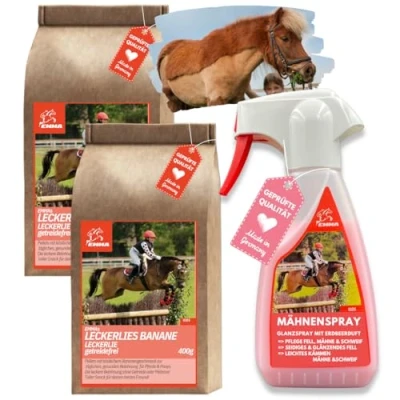 Image of EMMA Mane Spray for Horses + Horse Treats Banana Fur and Tail Care Set 3 Pieces Shine Beautiful &amp;