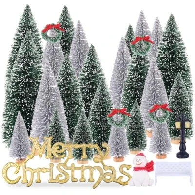 Image of UNIPRIMEBBQ Mini Miniature Christmas Pine Tree Bottle Brush Trees Wooden Bases for Your Village Desktop Xmas Holiday Party