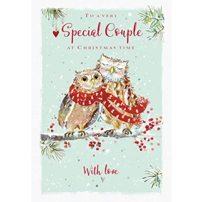 Image of Very Special Couple Artistic Christmas Card (LD X13574M) from The Wildlife Range Owls in Snow Elegant Silver Foil and Flitter Finish for Both of You