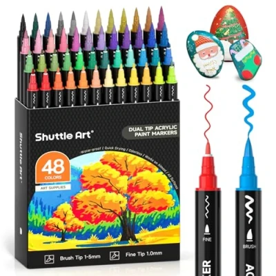 Image of Shuttle Art Dual Tip Acrylic Paint Pens, 48 Colours Fine &amp; Brush Marker Pens for Rock Painting, Ceramic, Wood, Fabric, Glass, Pen Set Kids Adults on Christmas Easter