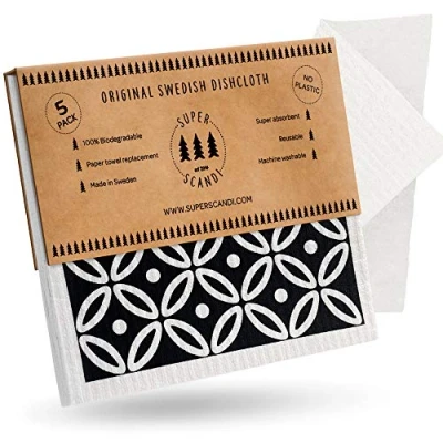 Image of SUPERSCANDI Artdeco White on Black 5 Pack (3 Patterned, 2 White) Swedish Dishcloths Eco Friendly Reusable Sustainable Biodegradable Cellulose Sponge Cleaning Cloths Paper Towel Replacement Washcloths