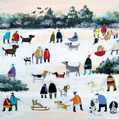 Image of Macmillan Charity Christmas Cards Pack of 5 A Walk in the Snow Artistic Festive Dog Design by Louise Rawlings Made UK Eco Friendly