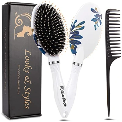 Image of Hair Brush, Boar Bristle Paddle Hairbrush for Long, Thick, Curly, Wavy, Dry or Damaged Hair, Reducing Breakage and Frizzy, No More Tangle