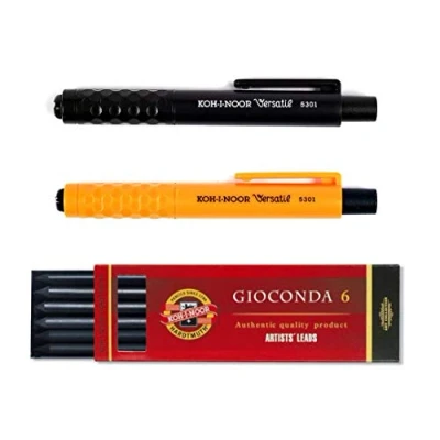 Image of KOH I NOOR Mephisto 5301 Set of 3, Plastic Mechanical Pencil Lead 5.6 mm and Refills orange black pack 6 leads 2B,4B,6B