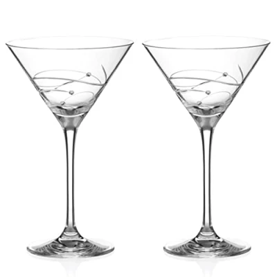 Image of DIAMANTE Swarovski Martini Prosecco Cocktail Glasses Pair ‘Spiral&#039; Hand Cut Crystal Glass with Crystals Gift Box
