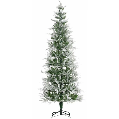 Image of HOMCOM 7 Ft Pencil Snow Flocked Artificial Christmas Tree with Realistic Cypress Branches, Auto Open, Green