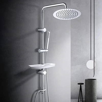 Image of Görbach Stainless Steel Shower Column Without Mixer Adjustable Wall Holes Hydromassage Rail Riser with Rain and Holder Shelf (D25 cm)