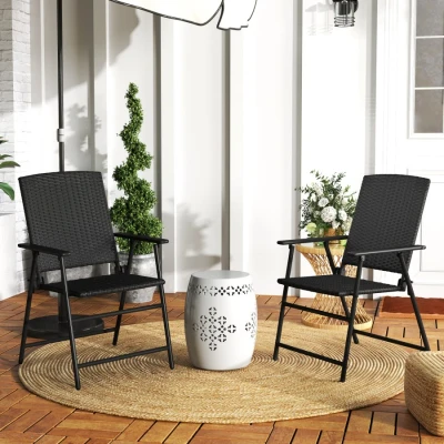 Image of Outsunny 2pcs Rattan Chair Garden Furniture Wicker Foldable Steel Frame for Poolside Garden, Black