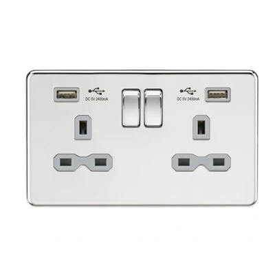 Image of KnightsBridge 13A 2G switched socket with dual USB charger A + (2.4A) Polished chrome grey insert