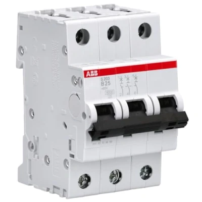 Image of ABB S203 B25 Miniature Circuit Breaker, 3 Pole, Type B, 6/10kA Breaking Capacity, 25 Amp Current (2CDS253001R0255)